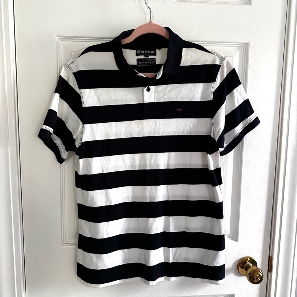 Barbour Polo Shirt M Black & White Wide Stripes EUC
